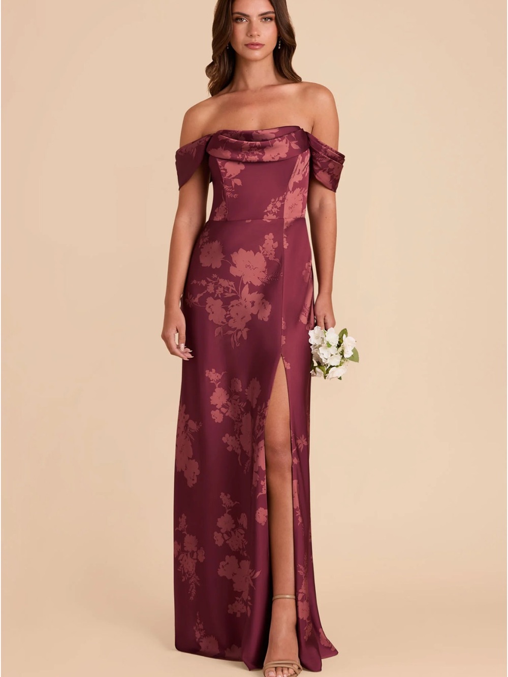 Birdy Grey Off-the-Shoulder Burgundy Floral Satin Gown with Slit